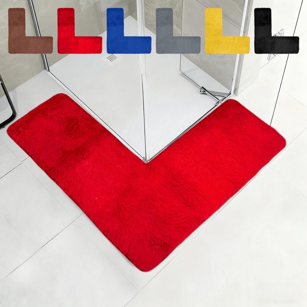Alfombra Esquinera Plushes Mats En Forma de L, de Terciopelo Negro, con Espuma Viscoelástica, Antideslizante y Absorbente. Medidas: 120 X 120 Cm. Lavable a Máquina. Peso Neto: 400 G. Ideal para Baño,