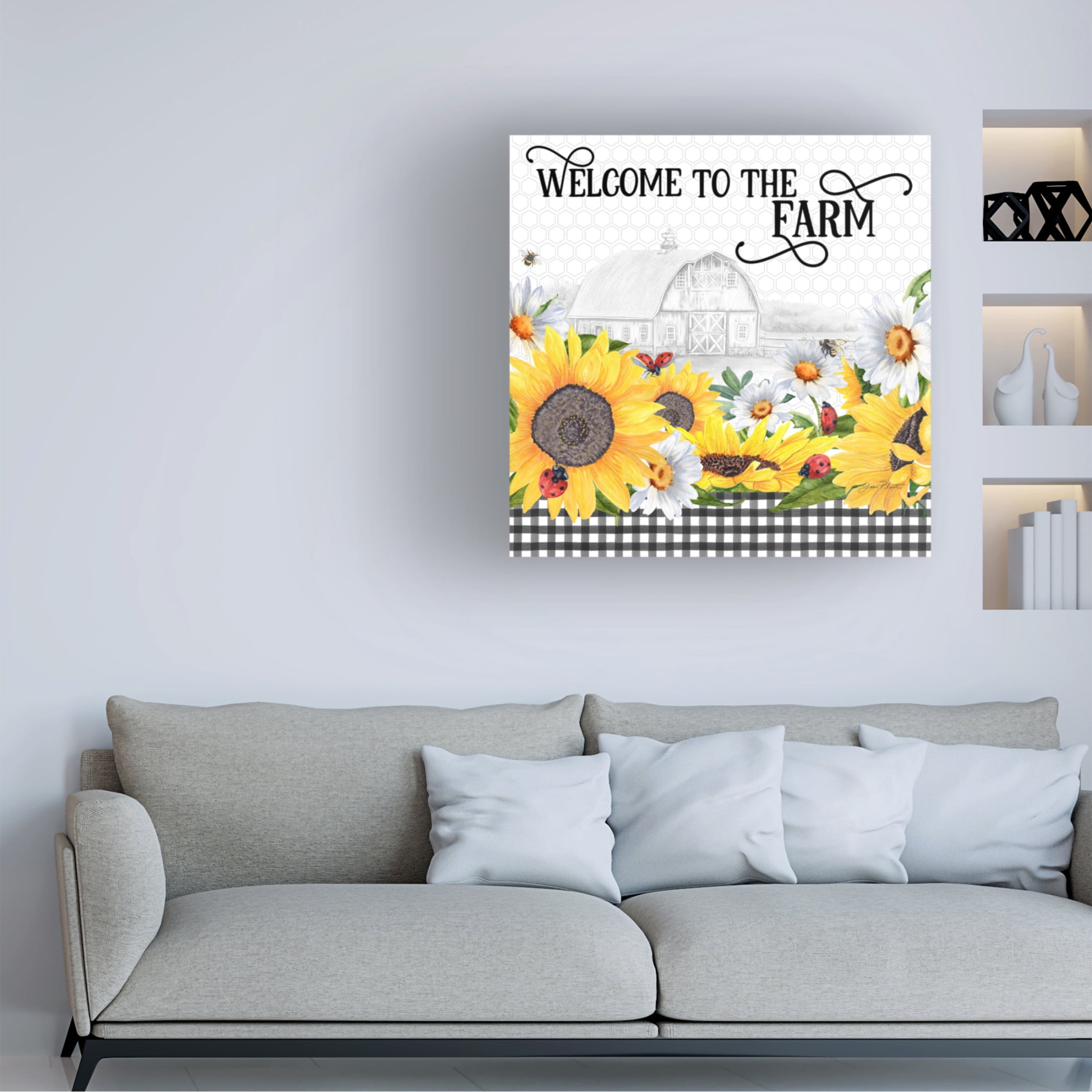 Canvas Wall Art - Jean Plout 'Sunflowers and Lady Bugs 1' Wall Art for Living Room, Bedroom, or Office Décor by Trademark Fine Art - 14 x 14 Inches