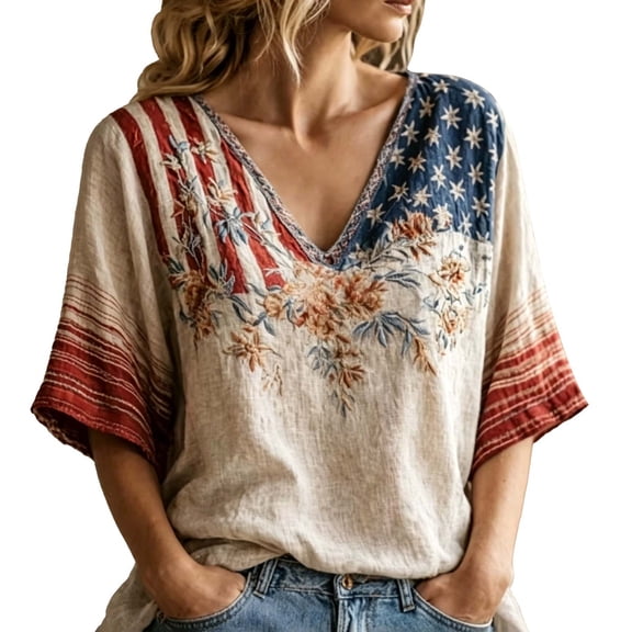 Wang6 Womens USA Anniversary 250th V Neck Tshirts Plus Size 4th of July America Flag Printed Tops Summer Independence Day Short Sleeve Graphic Tees 0527liWhite XL