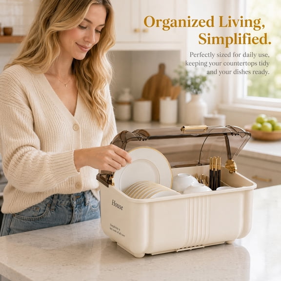 Lidded Dish Drying Rack, Plastic Dust-Proof Dish Drainer for Kitchen Countertop & Home Use
