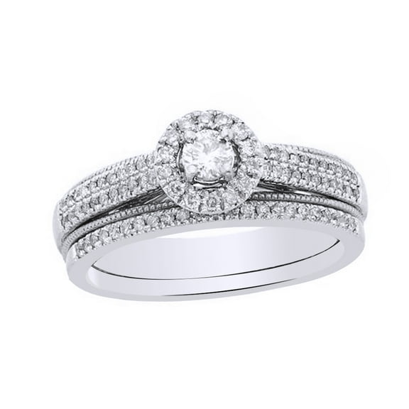 AFFY White Natural Diamond Halo Bridal Ring Set In Solid Gold (0.5 Cttw)