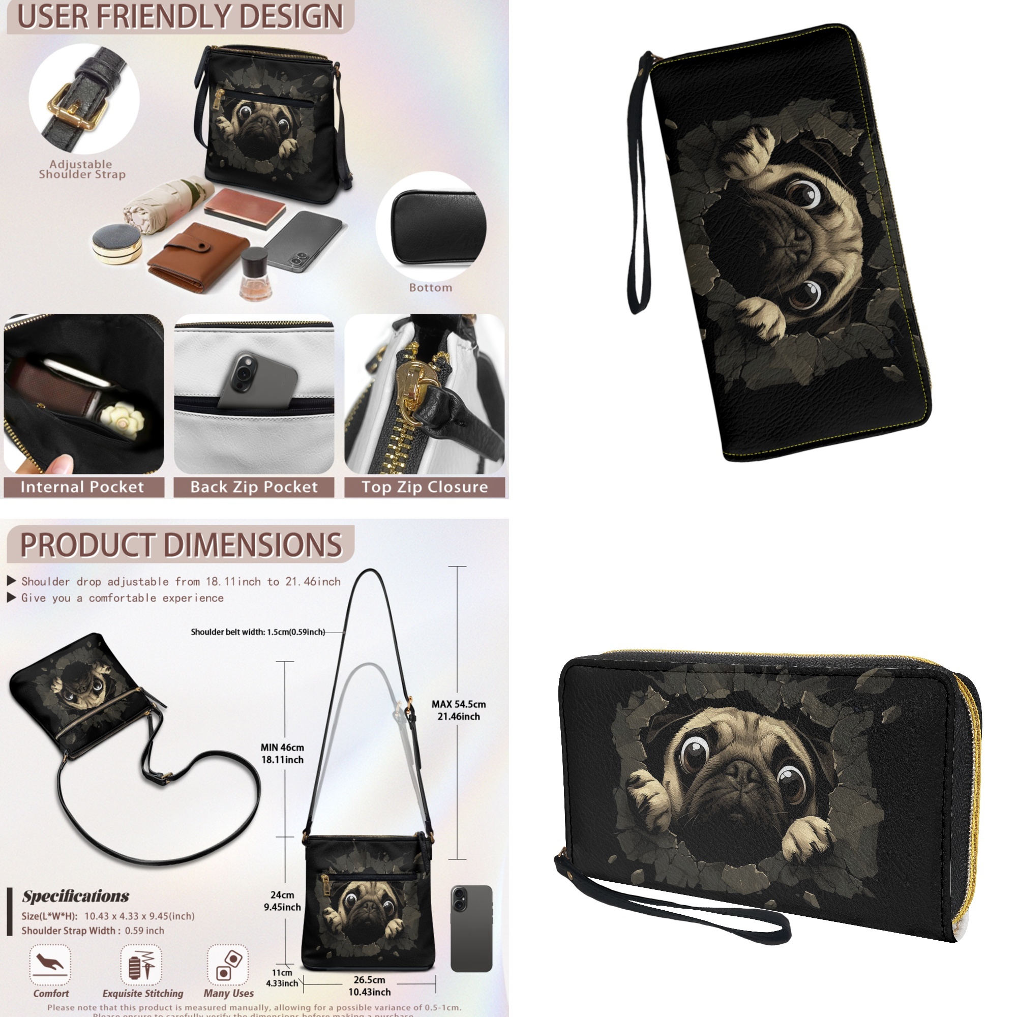 ZUXONGSY 3D Pug Dog Print Women's Multi-Functional Messenger Set - Large Hobo Bag with Wallet, Lightweight Crossbody Purse Set Waterproof for Vacation Shopping
