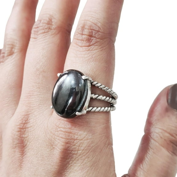 Natural Hematite Ring, Woman's Hematite Ring, Birthstone, 3 Twisted Bohemian Band, 925 Sterling Silver, Womens Ring, Christmas, Thanksgiving, Handmade, Statement Jewelry, Natural Gemstone Ring