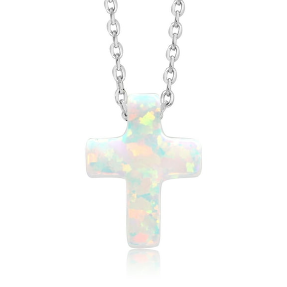 Gem Stone King Unisex 12MM Created Opal Cross Pendant Necklace | 925 Sterling Silver  | With 18 inch Silver Chain