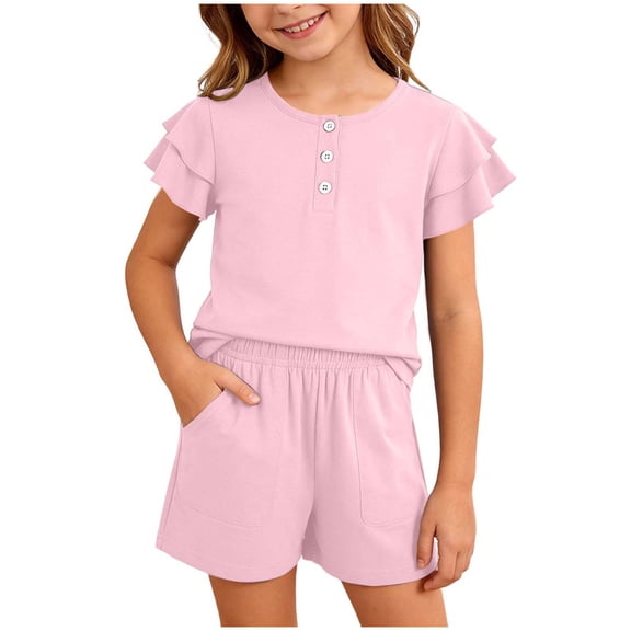 larppty Little Girls Solid Black 2 Piece Pajama Set, Ruffle Sleeve Button Top & Pocket Shorts, Soft Cotton Toddler Loungewear(Pink, 5-6 Years)