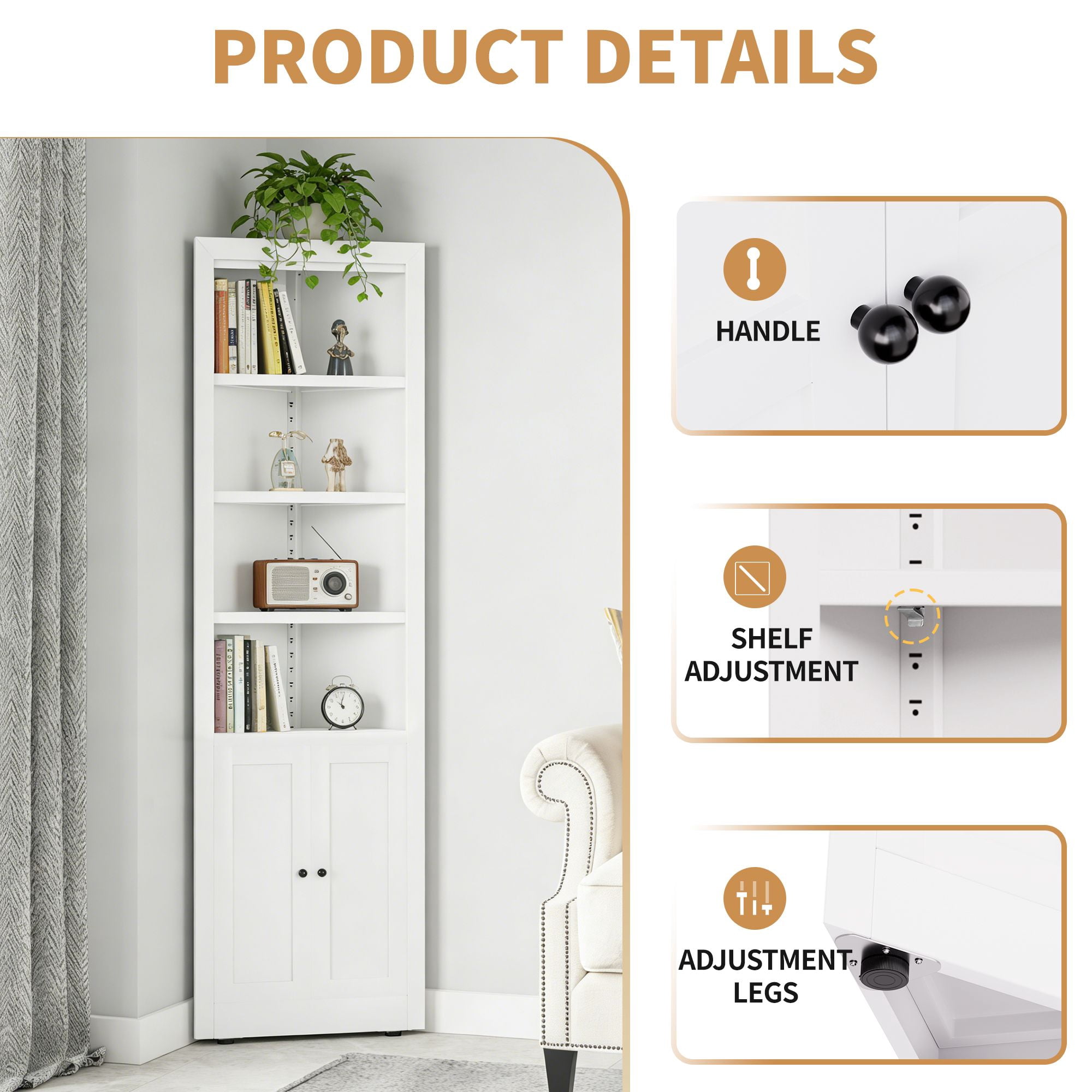 Tall Corner Storage Cabinet with 2 Doors, 5-Tier Steel Cabinet with Adjustable Shelves, 70.8 in Freestanding Space Saving Storage for Kitchen Pantry, Bathroom, Laundry Room