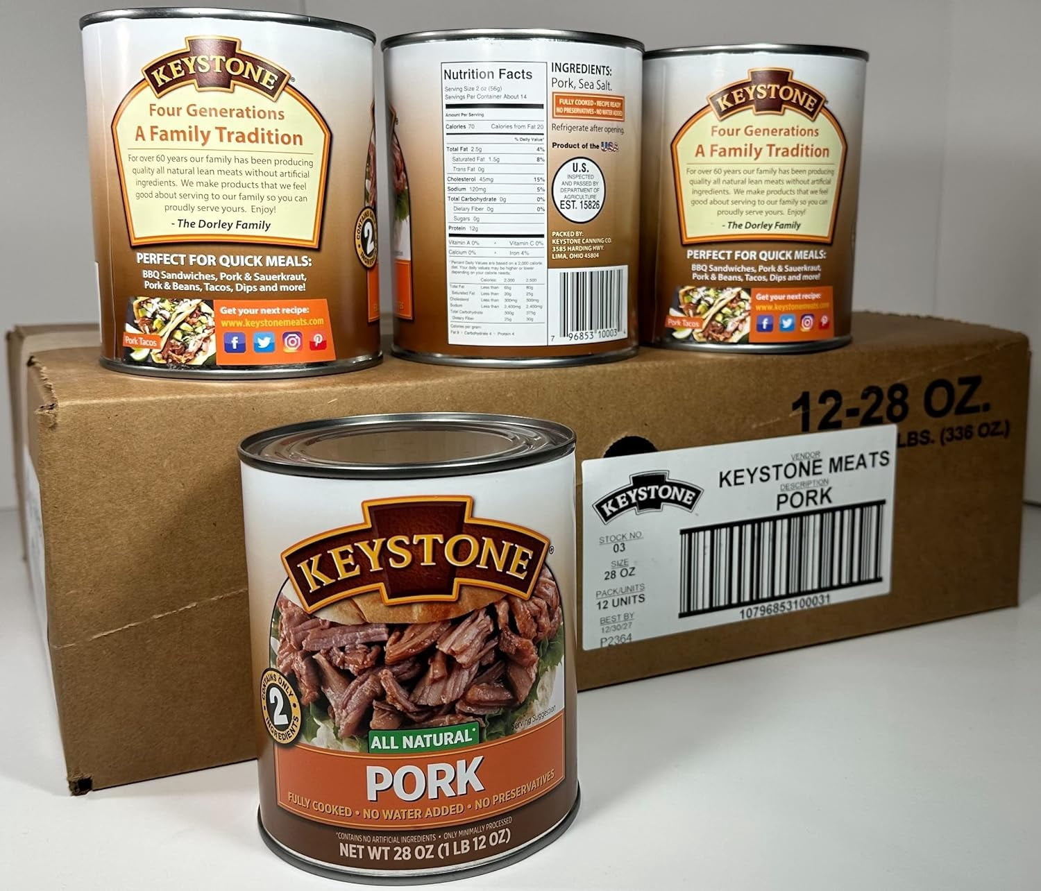 (24-Pack) Keystone All Natural Canned Pork Meat, 28 oz – Ready to Eat Canned Meat for Emergency Food Storage, Camping, Hiking & Survival