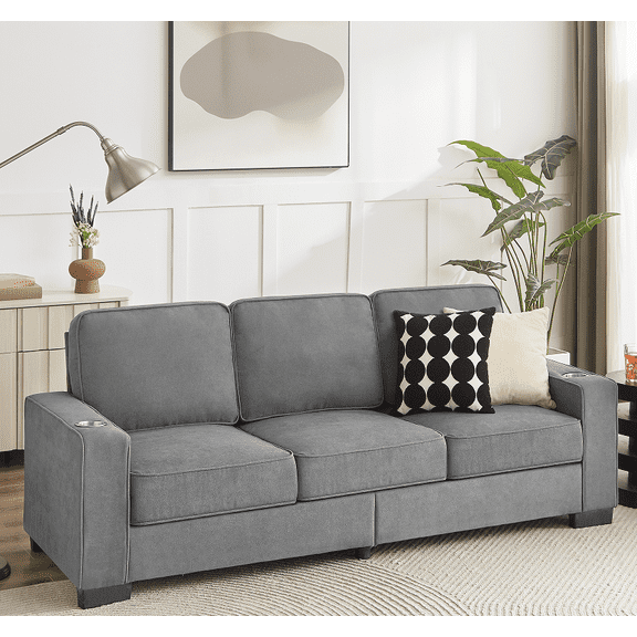 83.86"Snowfleece Fabric sofa,Modern Compressed Couch,3-Seater Sofa, Furniture for Living Room,Bedroom,office ,Gray