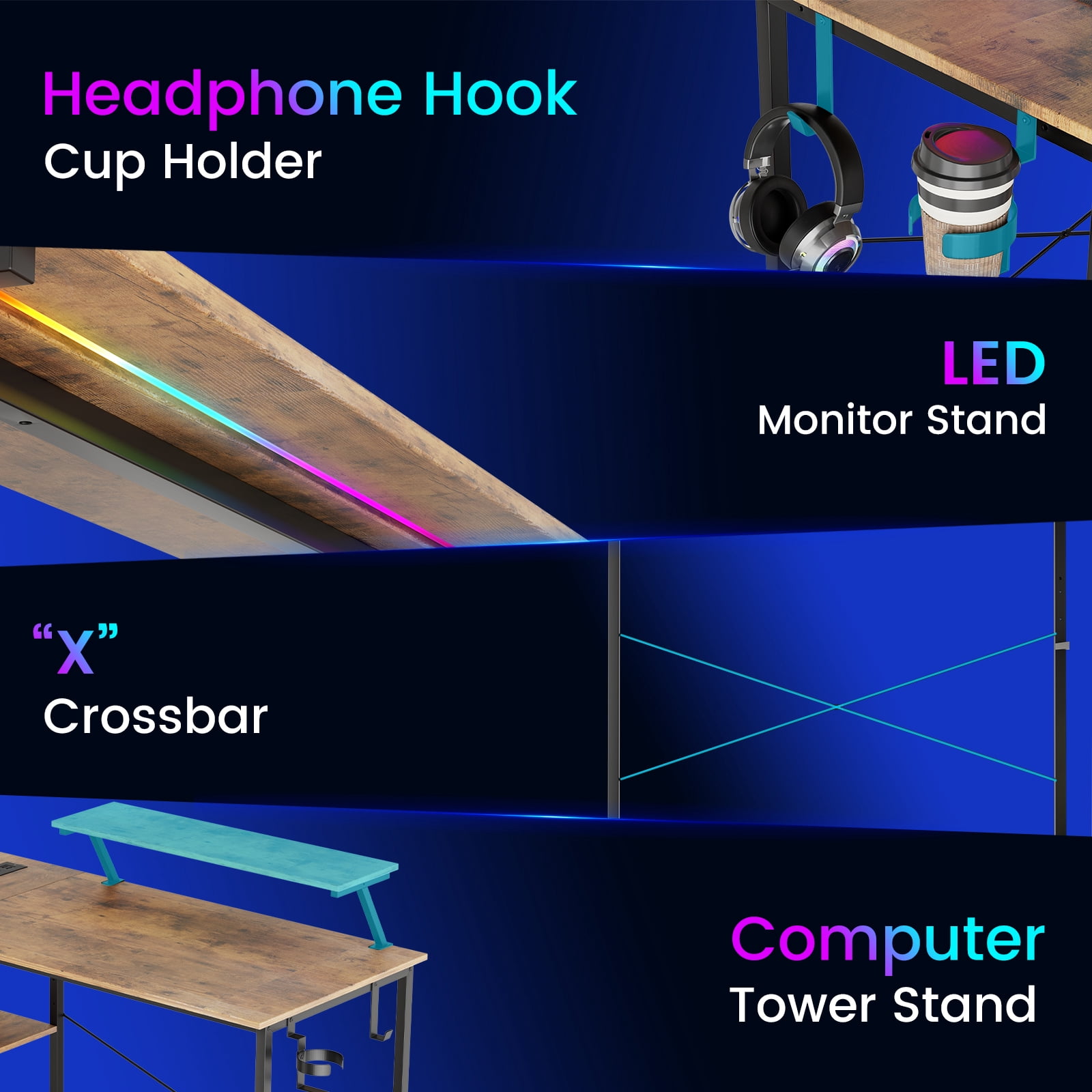 CLOUDREST PRO 42" L-Shaped Gaming Desk, Power Outlets & RGB LEDs, Brown