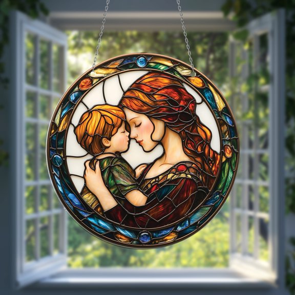 Mother’s Love Suncatcher - Elegant Window Hanging Decoration with Mother & Child Embrace, Handmade