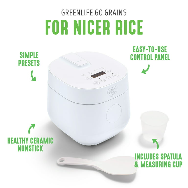 GreenLife Healthy Ceramic Nonstick 4-Cup Rice Oats and Grains Cooker,  PFAS-Free, Dishwasher Safe Parts, White