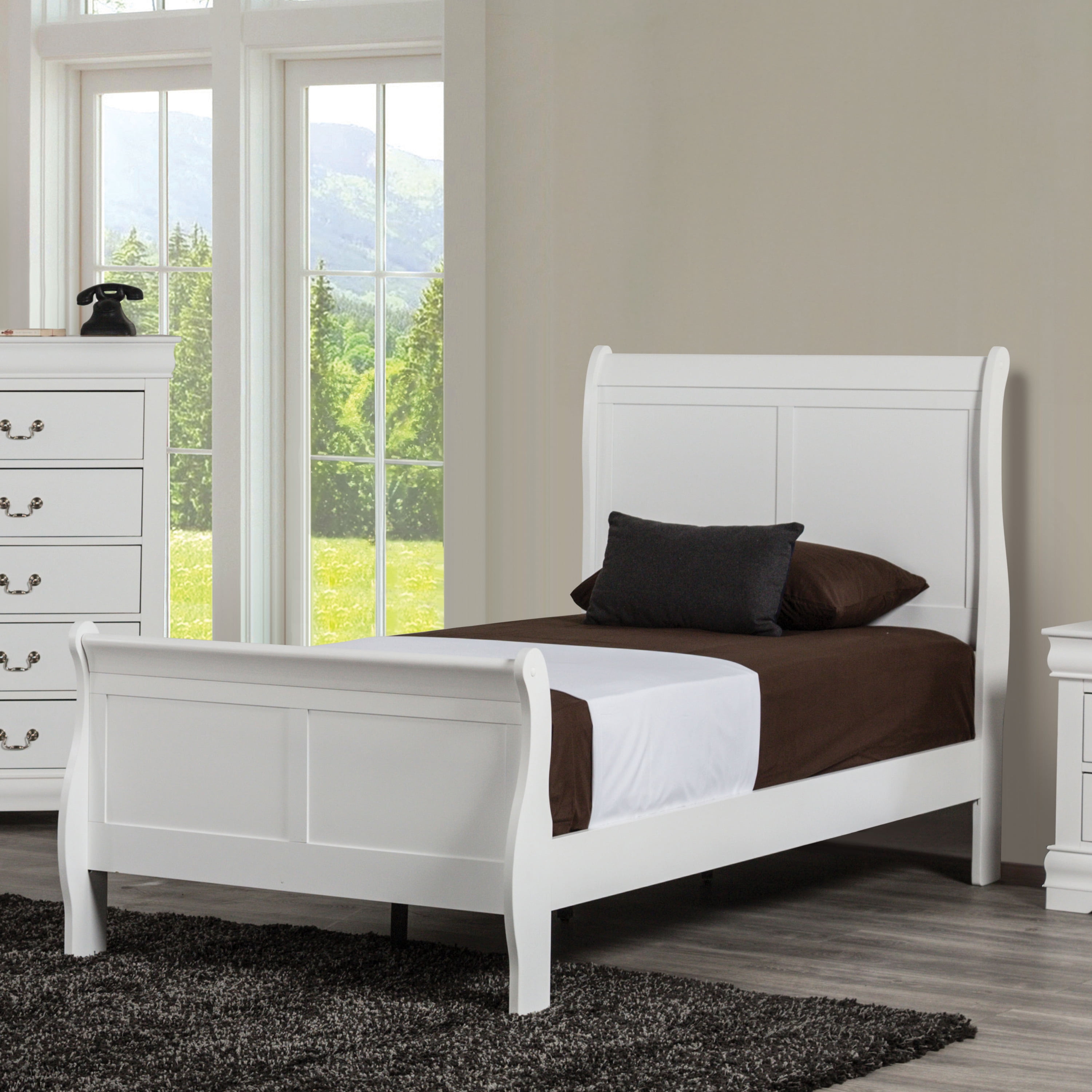 Furniture of America Vrai Kids Twin Sleigh Headboard Wood Panel Bed, White