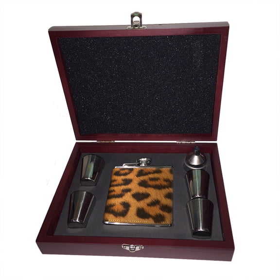 KuzmarK 6 oz. Leather Flask Set in Rose Wood Presentation Box -  Leopard