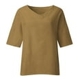 thumbnail image 3 of MIXUE Womens Summer Tops Linen Solid Color V Neck Short Sleeve Loose T Shirts Holiday Wear,Brown,XL, 3 of 3