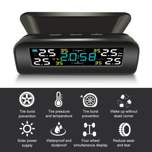 24/7 Wireless Solar-Powered TPMS with 4 External Sensors - Real-Time Tire Pressure & Temperature Monitoring, Digital LCD Display, Smart , Clock Function, USB Charging, Easy Installation for