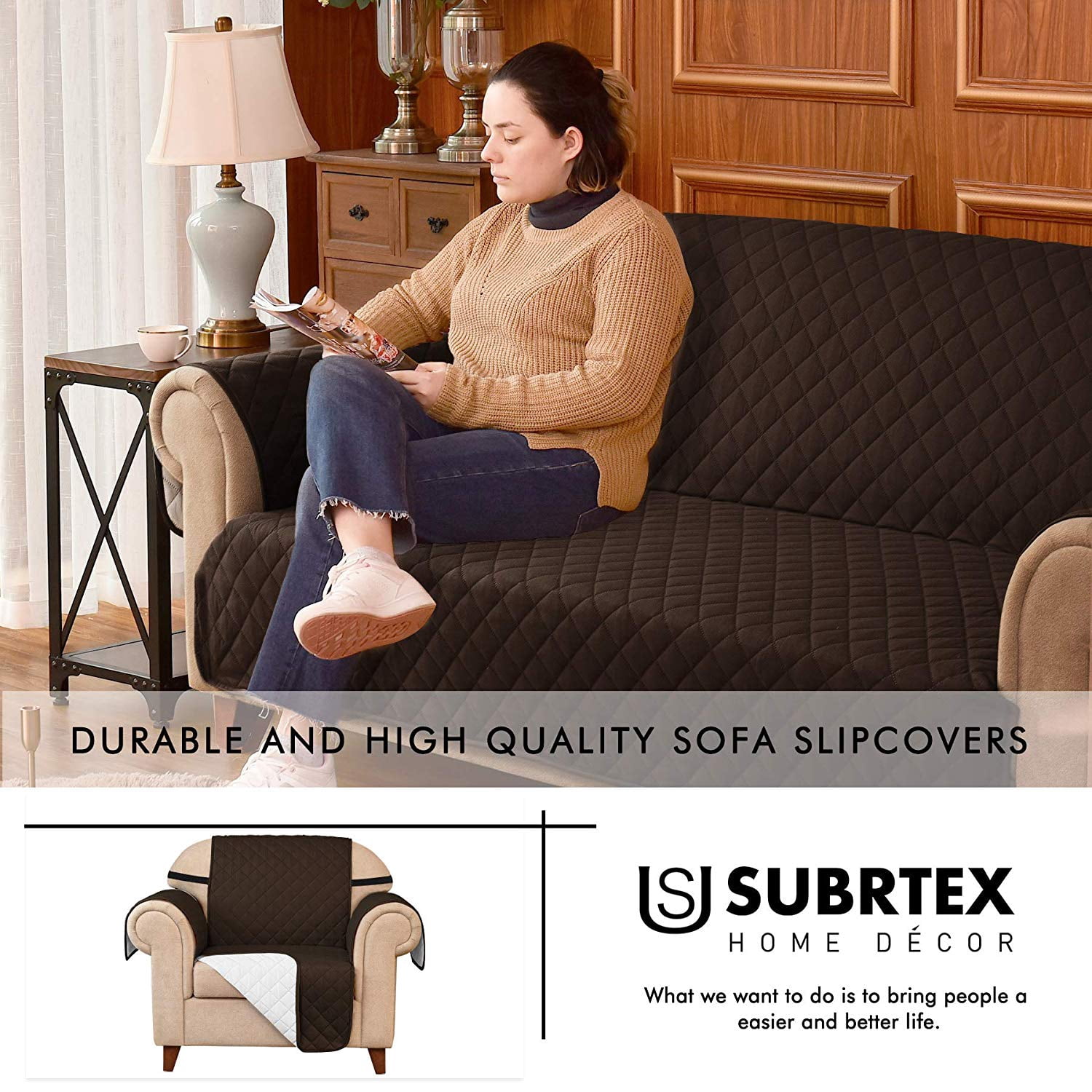 Subrtex Quilted Reversible Sofa Couch Slipcover Anti-Slip Furniture Protector Sofa Covers for Pets and Kids with Elastic Straps