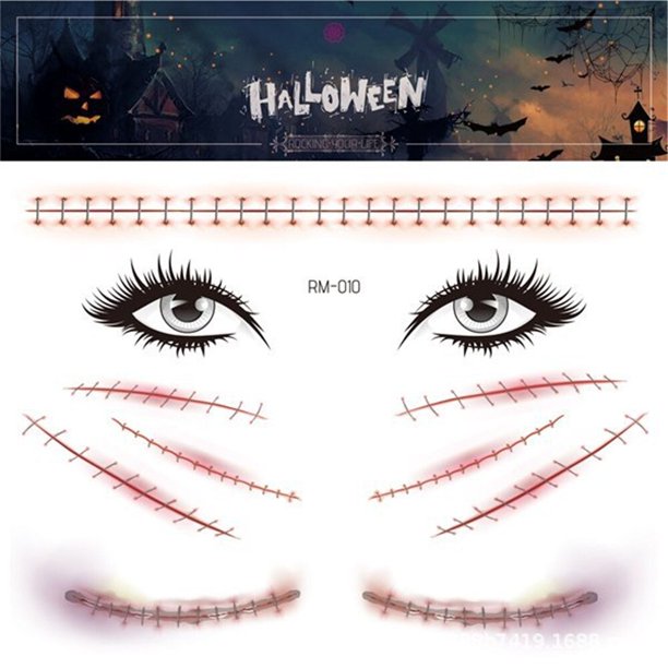 Pegatina de tatuaje de Halloween para cara, ojos falsos, boca, cicatriz de sangre, patrón de telaraña 3D, pegatina de cara aterradora de Halloween, 1 Juego