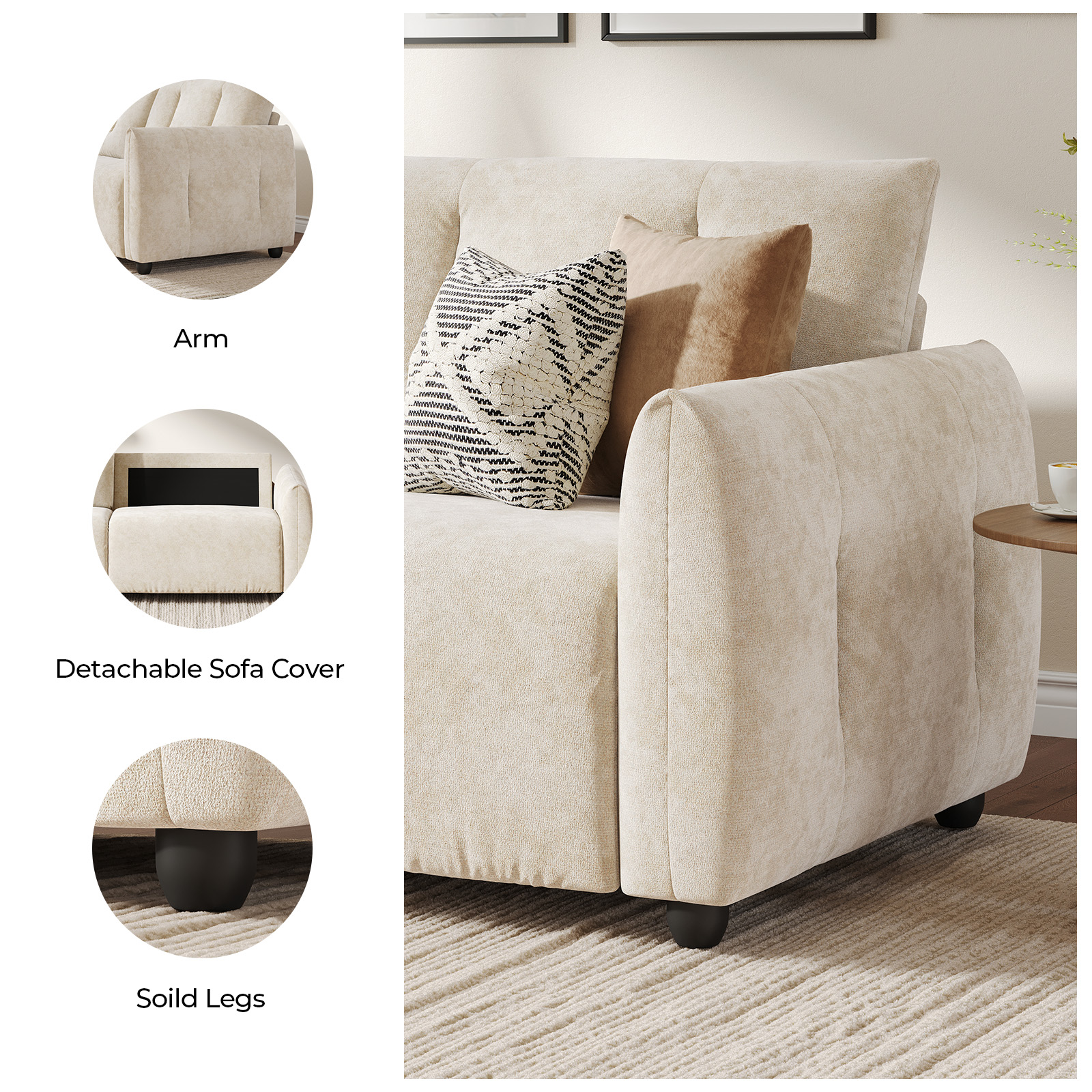 COPIAE 84.5 Inch Loveseat Sofa, Modern Couch and Sofa, Feather-tip armrest design, Sturdy and Easy Installation, Small Sofa for Living Room Bedroom Office and Apartment, Chenille Fabric,Beige