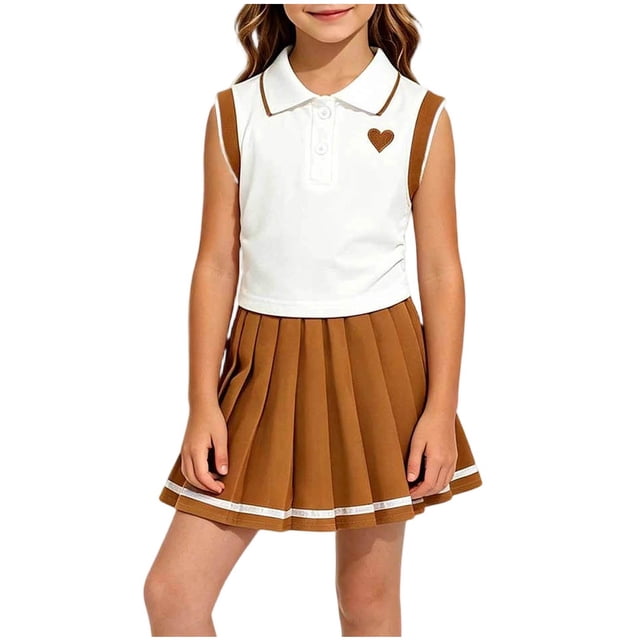 Odeerbi Niñas 2 Piezas Preppy Outfit Corazón Impresión Camisa de Golf de Tenis Sin Mangas y Falda Plisada Uniforme Escolar