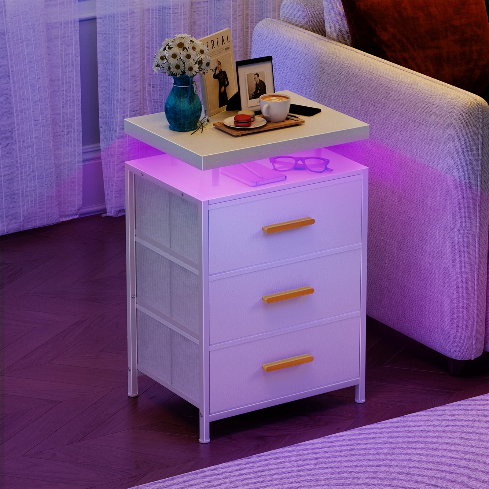 Smart LED Nightstand with 3 Drawers Modern Design Table for Bedroom, Closet, Dorm, White