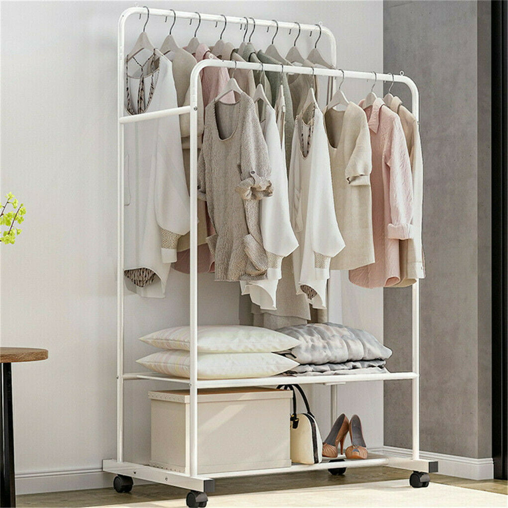 UK Double Clothes Rail Garment Coat Hat Hanging Display Stand Rack With Wheels 
