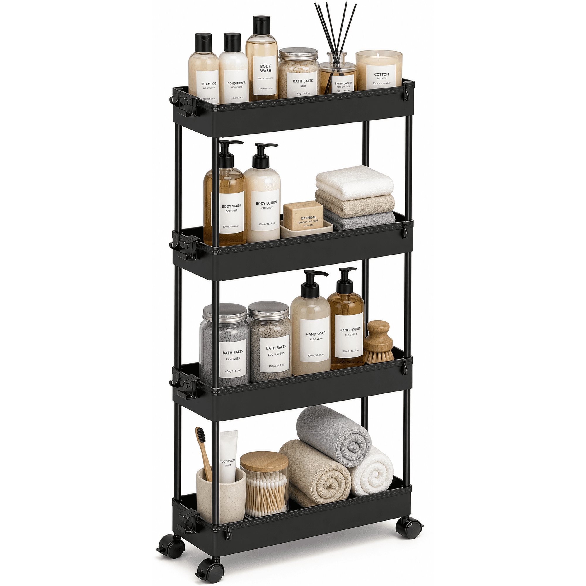 LLMRR 4 Tier Slim Rolling Storage Cart with wheels, Bathroom Storage Organizer, Kitchen Utility Cart, Narrow Shelf & Mobile Shelving Unit for Bathroom, Kitchen, Narrow Places, 4 Tier, Black
