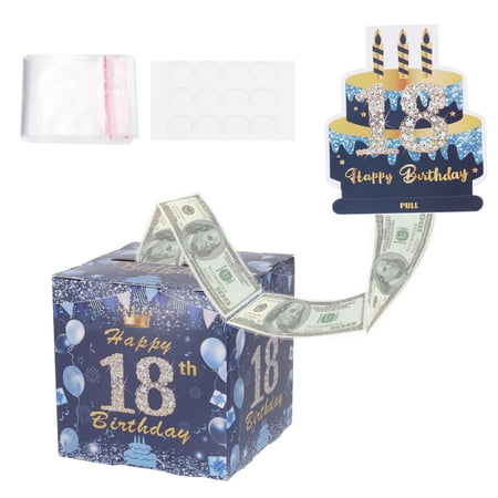 18th Birthday Money Box for Cash Gift Birthday Money Pull Box with 100pcs Transparent Bags for Birthday Surprise Card Party Decorations Women Girl Men Boy Best Friend Blue