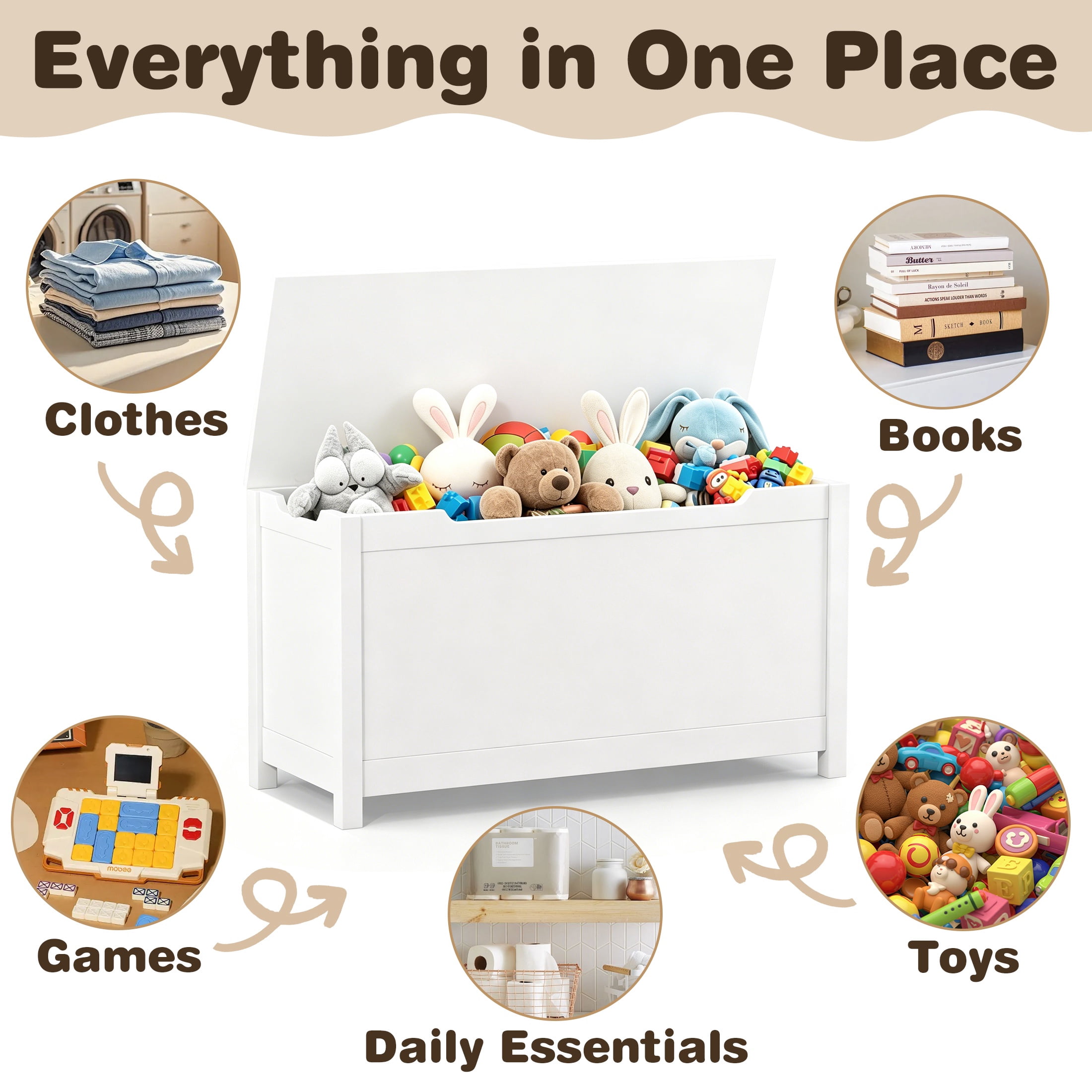 Large Toy Box with Lid, SESSLIFE Wooden Toy Chest and Seating Bench for Boys Girls, Safety Hinged Toy Storage Box, Toy Organizer for Playroom, Bedroom, Nursery, White