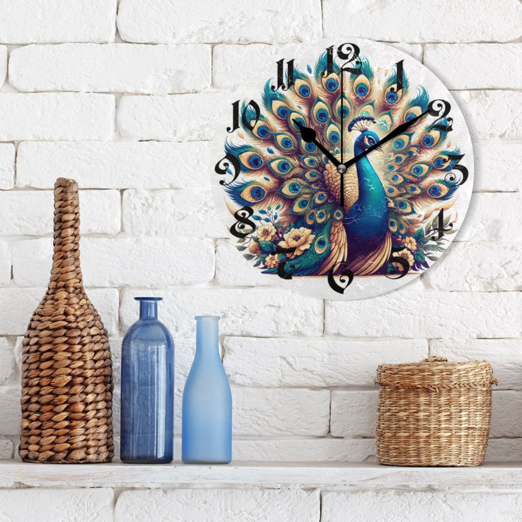 Silent Wall Clock A Beautiful Peacock 10" Non-Ticking Battery Clock Rustic Retro Home Decorative for Living Room Kitchen Bathroom
