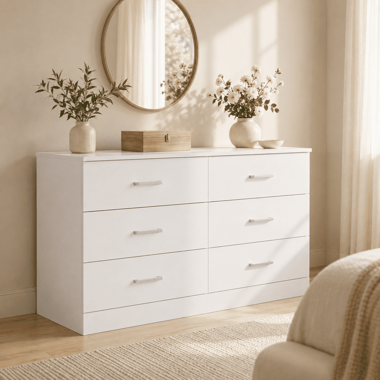 Lacoo 6 Drawer Dresser for Bedroom & Living Room, 47'' Double Dresser with Metal Handle, White