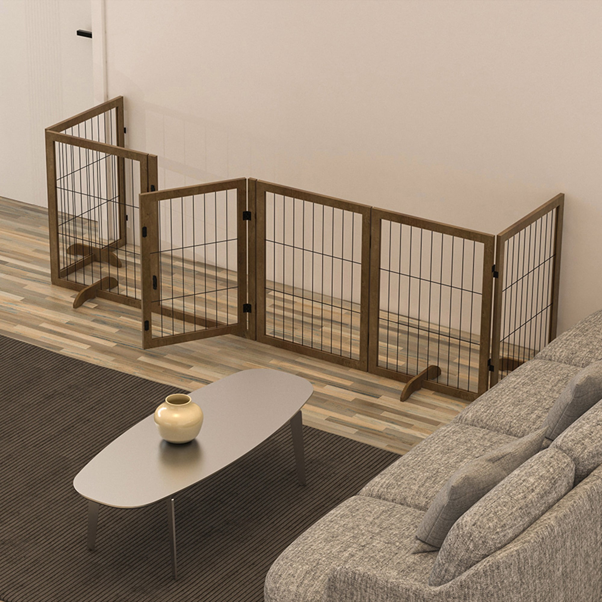 Pefilos 144" Wide Folding Pet Gate, 32" Tall No-Assembly Wood Dog Gate with Door Walk Through, Freestanding Wire Pet Gate, Pet Puppy Safety Fence, Brown Pefilos 144" Wide Folding Pet Gate, 32" Tall No-Assembly Wood Dog Gate with Door Walk Through, Freestanding Wire Pet Gate, Pet Puppy Safety Fence, Brown