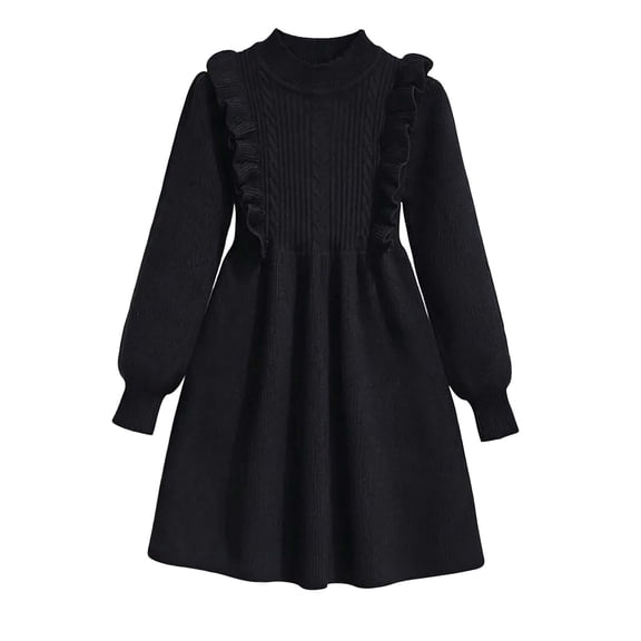 Fesfesfes Girls Ruffle Trim Knit Sweater Dress Crew Neck Long Sleeve A Line Princess Dress with Pleated Hem for School Party Daily Wear