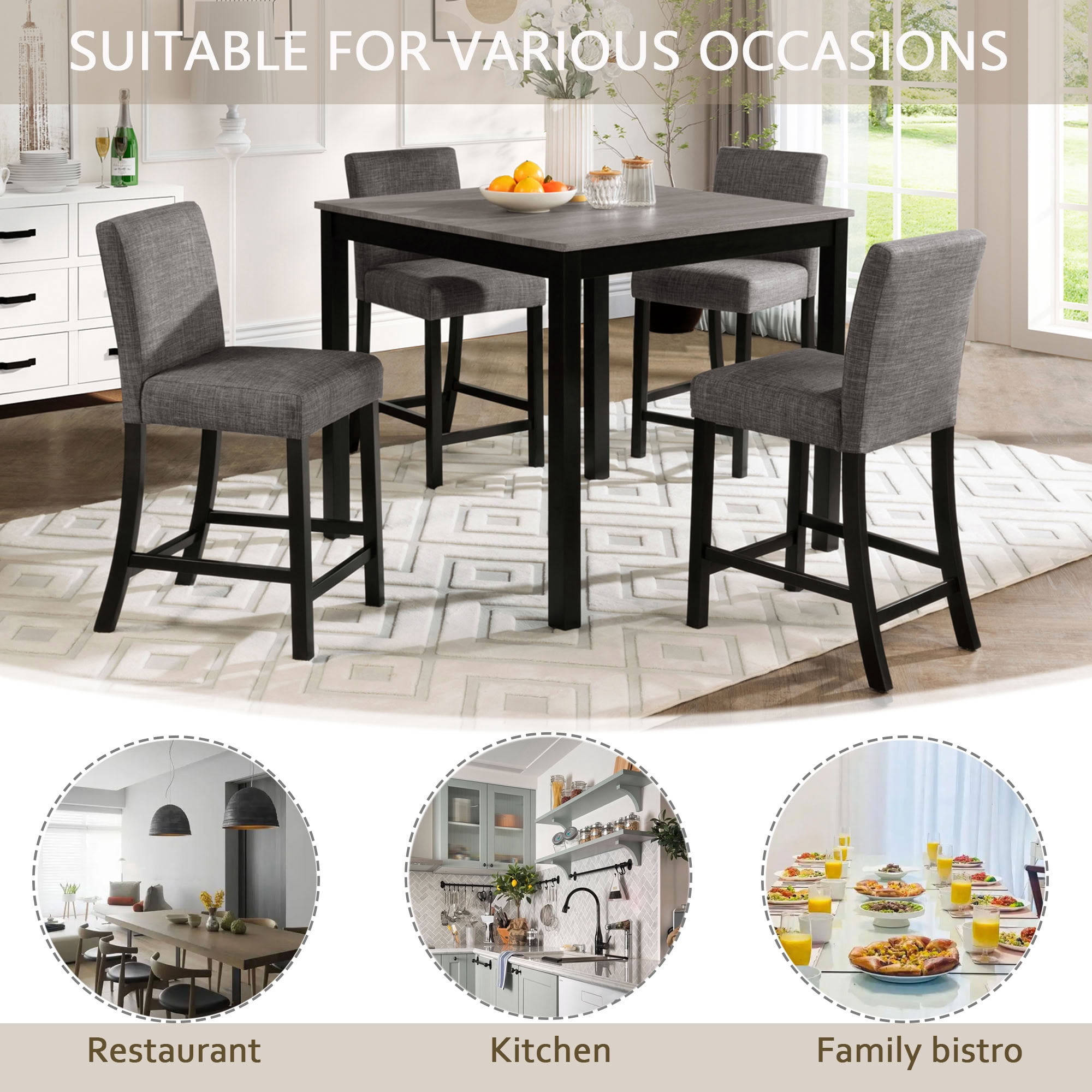 MAYEERTY 5-Piece Dining Table and Chairs Set (4 Chairs), Wooden Dining Set, Space-Saving Upholstered Dining Chairs for Kitchen Dining Room