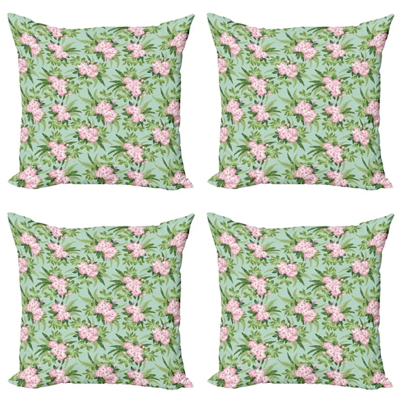 Ambesonne Floral Throw Pillow Cover 4 Pack, Hibiscus Blooming Bouquets, 18", Olive Green Seafoam Pink