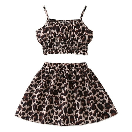 

B91xZ Girls Clothes Sets Summer Toddler Girls Sleeveless Leopard Prints Tops Skirt Two Piece Outfits Set for Kids Clothes Brown Sizes 3-4 Years