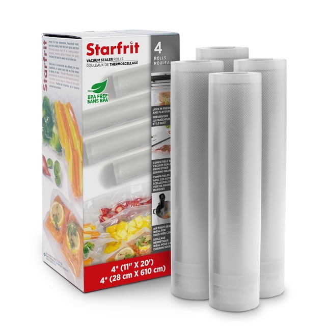 Four BPA-free Starfrit vacuum sealer rolls 11x20 inches with airtight seal, displayed alongside the product box highlighting freshness preservation and sous vide readiness.