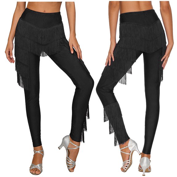 iiniim Women's Tassel Latin Dance Pant Ballroom Professional Fringe Practice Pants Dancewear Black XL