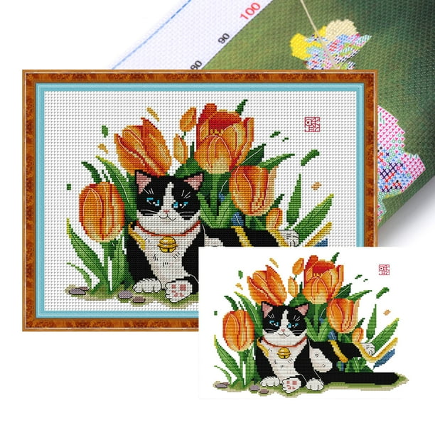 (DA904) Hilo Algodón Ecológico Bordado No Manchú 14CT 2 Hebras Impresión 35*27cm Kit Serie Punto Cruz Cat Five (borde Gancho)