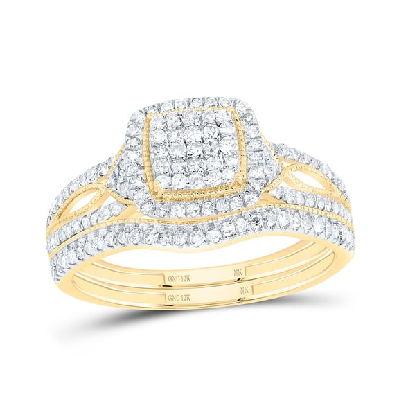 10kt Yellow Gold 1/2 Cttw Diamond Cushion Single Halo Wedding Engagement Anniversary Bridal Set, Women Size: 5-9