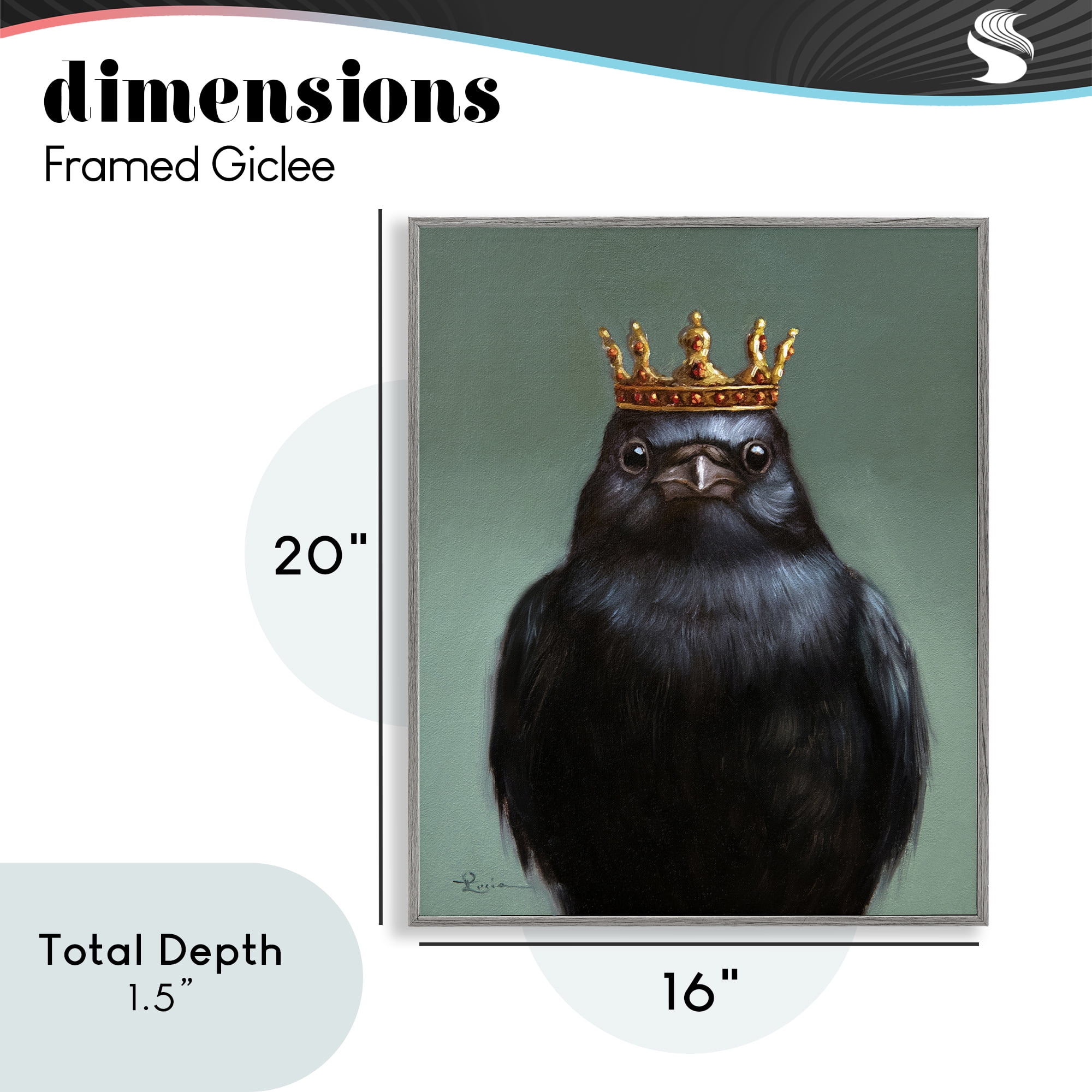 King Crow Portrait Gray Framed Giclee Art, design by Lucia Heffernan