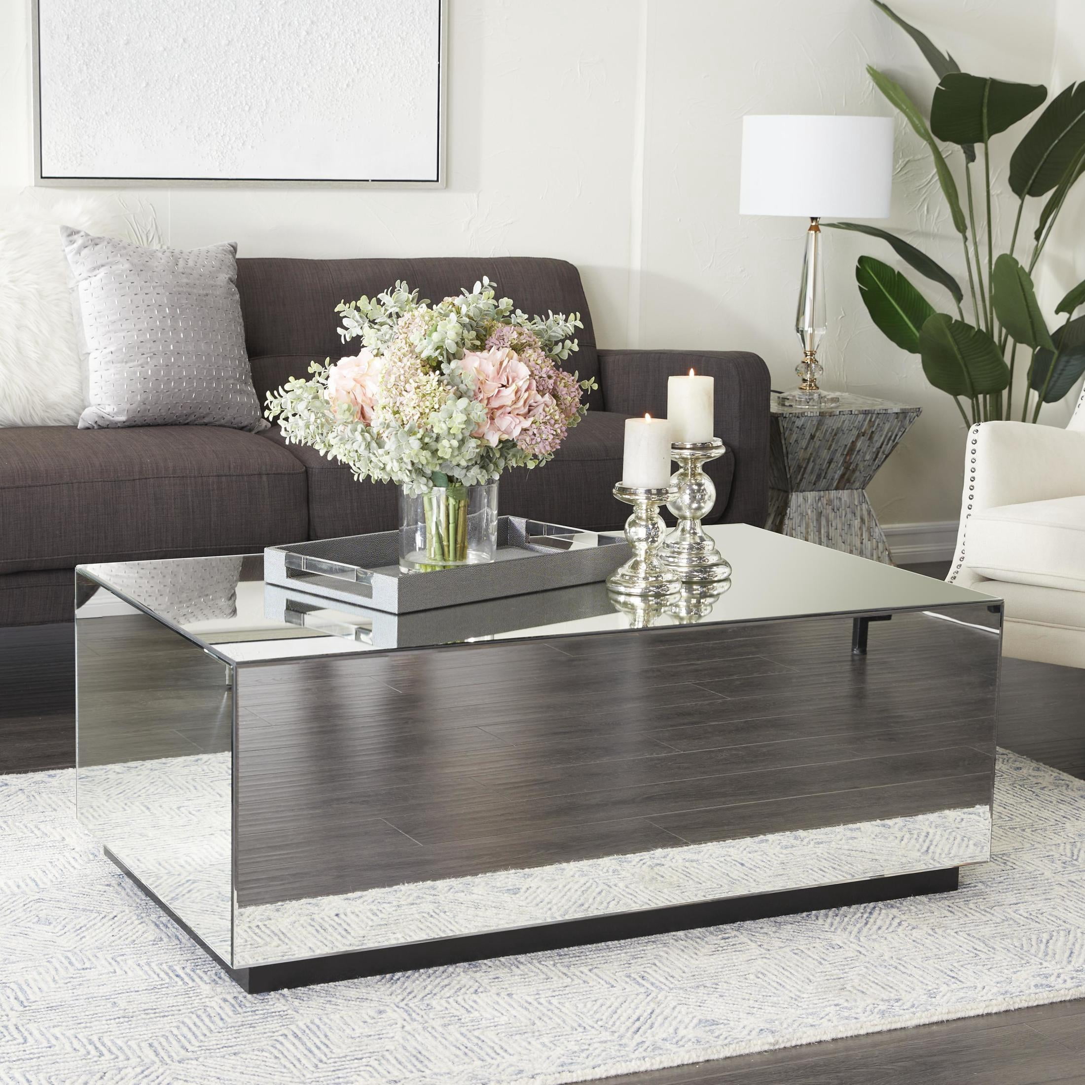 DecMode 47" x 18" Silver Glass Mirrored Rectangle Coffee Table with Black Elevated Base, 1-Piece