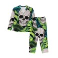 thumbnail image 1 of Fotbe Skull and Palm Leaves Conjunto de Pijama de Manga Larga para Mujer con Estampado, Ropa de Dormir de 2 Piezas, Conjunto de Casa Suave y Cómodo con Bolsillos-Small, 1 of 7