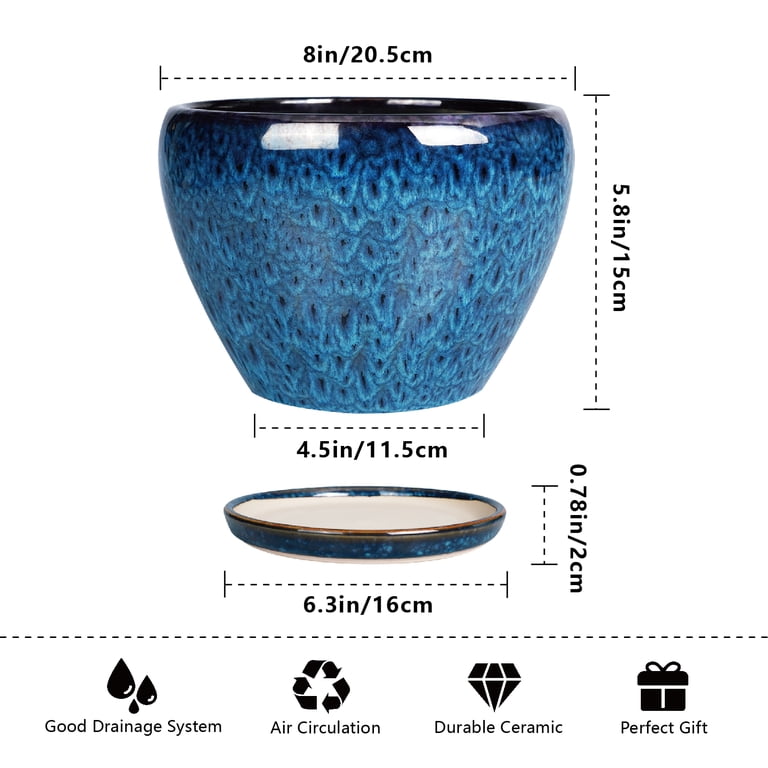 Ceramic Planter with Saucer in Peacock Blue Reactive Glaze photo 5