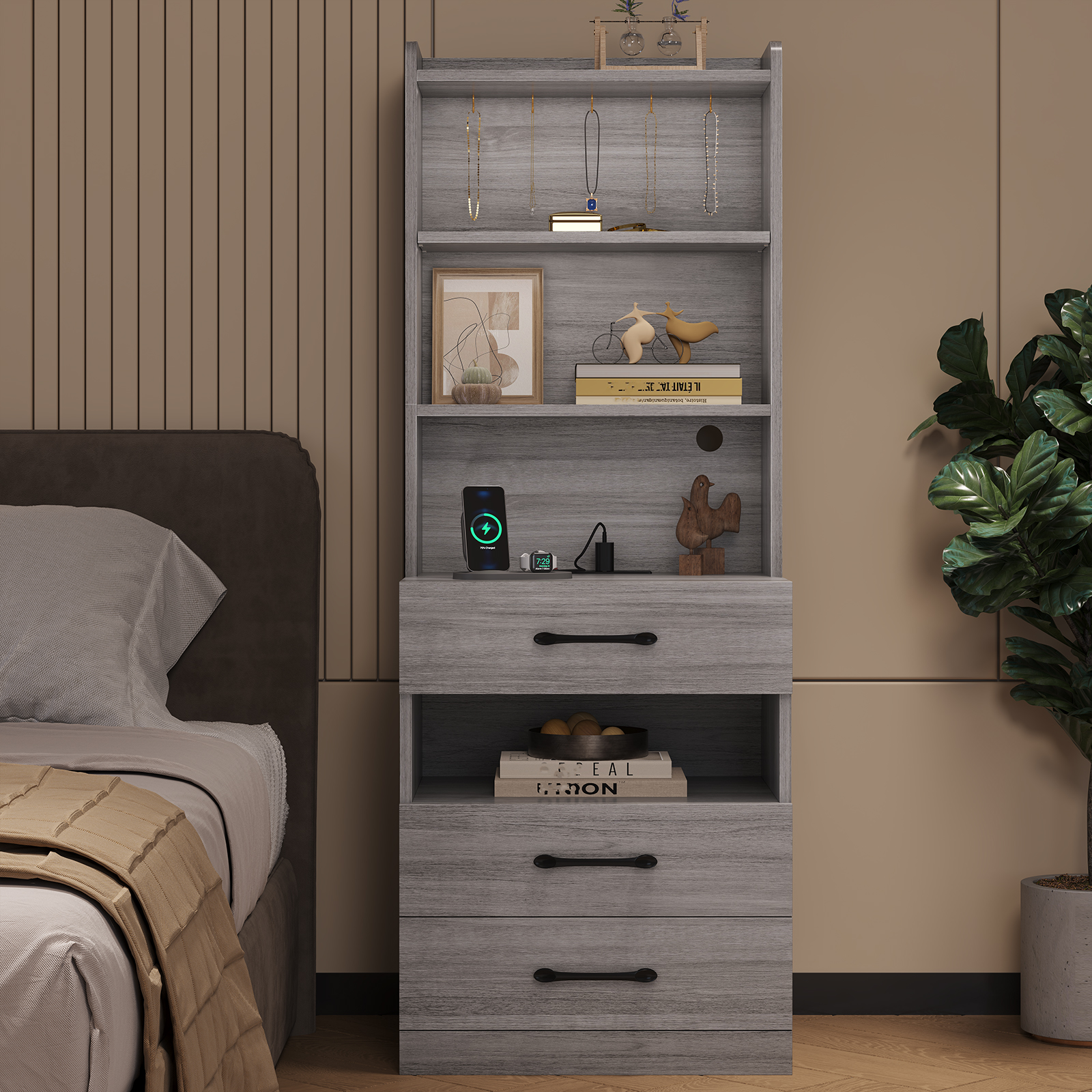 AOGLLATI Tall Nightstand with Charging Station and LED Lights Bookshelf, Bedside Table with 3 Drawers and Storage Shelves, End Side Table for Bedrooms