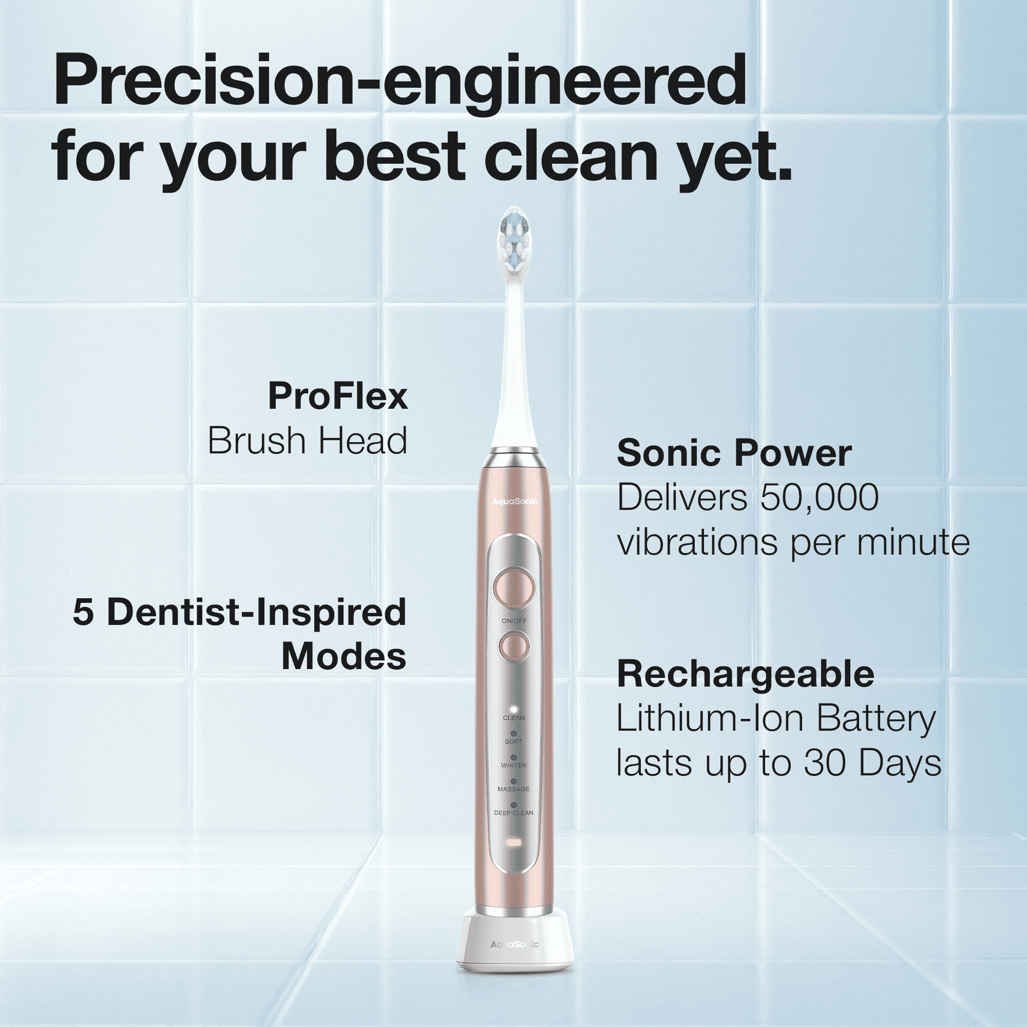 AquaSonic Precision Rechargeable Electric Toothbrush, 5 Modes, 4 Brush Heads, Travel Case, Rose Gold