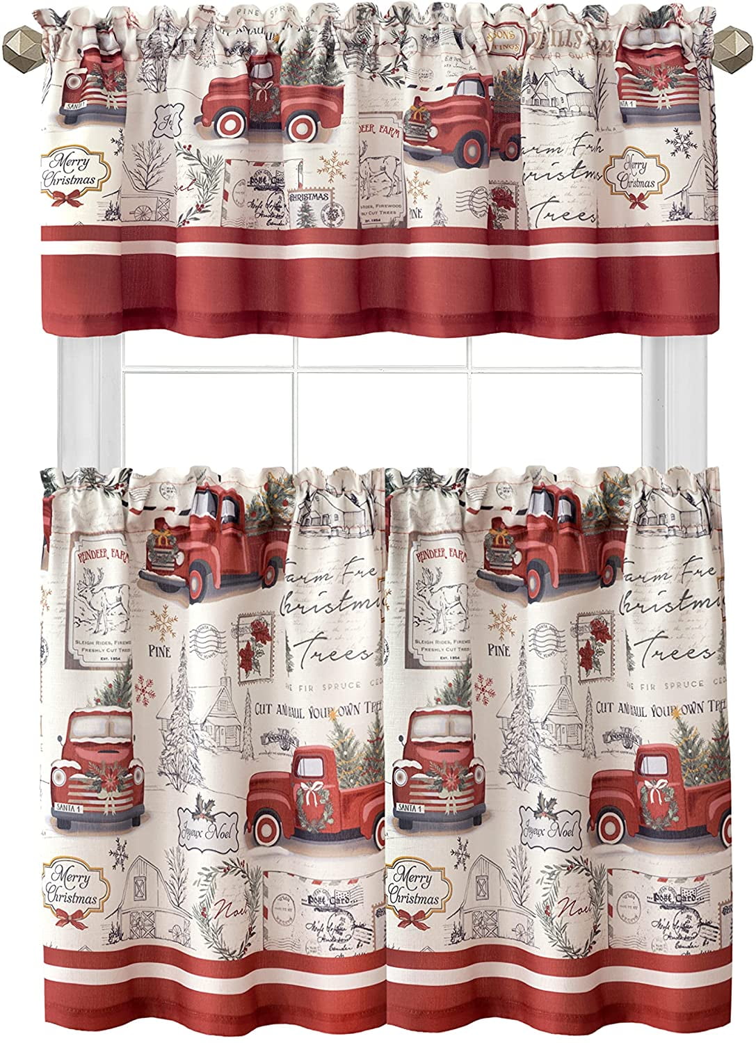 Newbridge Pine Hill Christmas Tree Farm Fabric Tier Curtain and Valance  Set, Nostalgic Retro Christmas Farm Truck Print Tier Set, 36” Long Tier  Pair and Valance - 60 x 36 (Set of