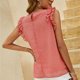 thumbnail image 4 of Mujeres blusa ruffle manga redonda Masajeadores de cuello punto jacquard casual señora verano Top para el trabajo del partido compras rosa oscuro S, 4 of 6