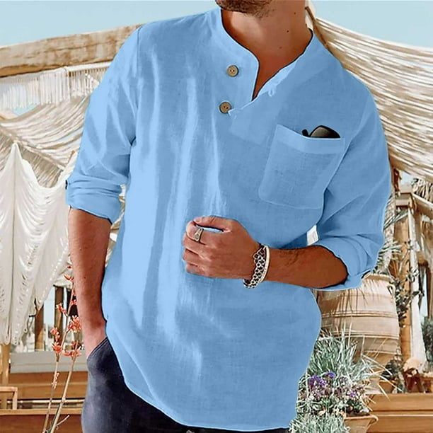 Blusas y camisas de manga larga con cuello redondo para hombre, blusa informal de moda con botones y manga larga, blusa tipo cárdigan para hombre