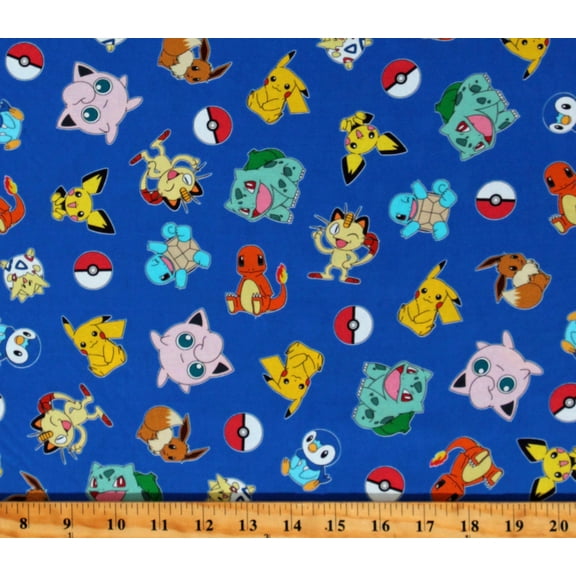 Cotton Pokemon Video Games Characters Nintendo Pikachu Meowth Bulbasaur Squirtle Jigglypuff Poke Balls on Royal Blue Cotton Fabric Print by the Yard (AOQD-74312-11ROYAL)