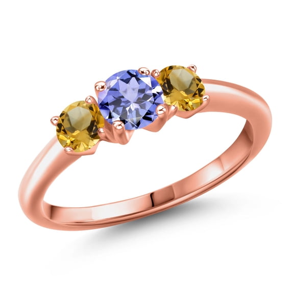 Gem Stone King 18K Rose Gold Plated Silver Blue Tanzanite and Yellow Citrine Engagement Ring for Women | 0.97 Cttw | Round 5MM | Gemstone December Birthstone | Size 8